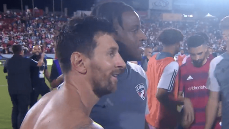 Lionel Messi takes photos with Dallas players queuing up for selfies on the pitch at full-time