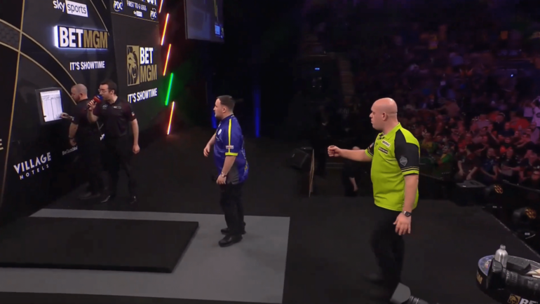 Luke Littler hilariously ‘leaves Michael van Gerwen hanging’ in awkward moment